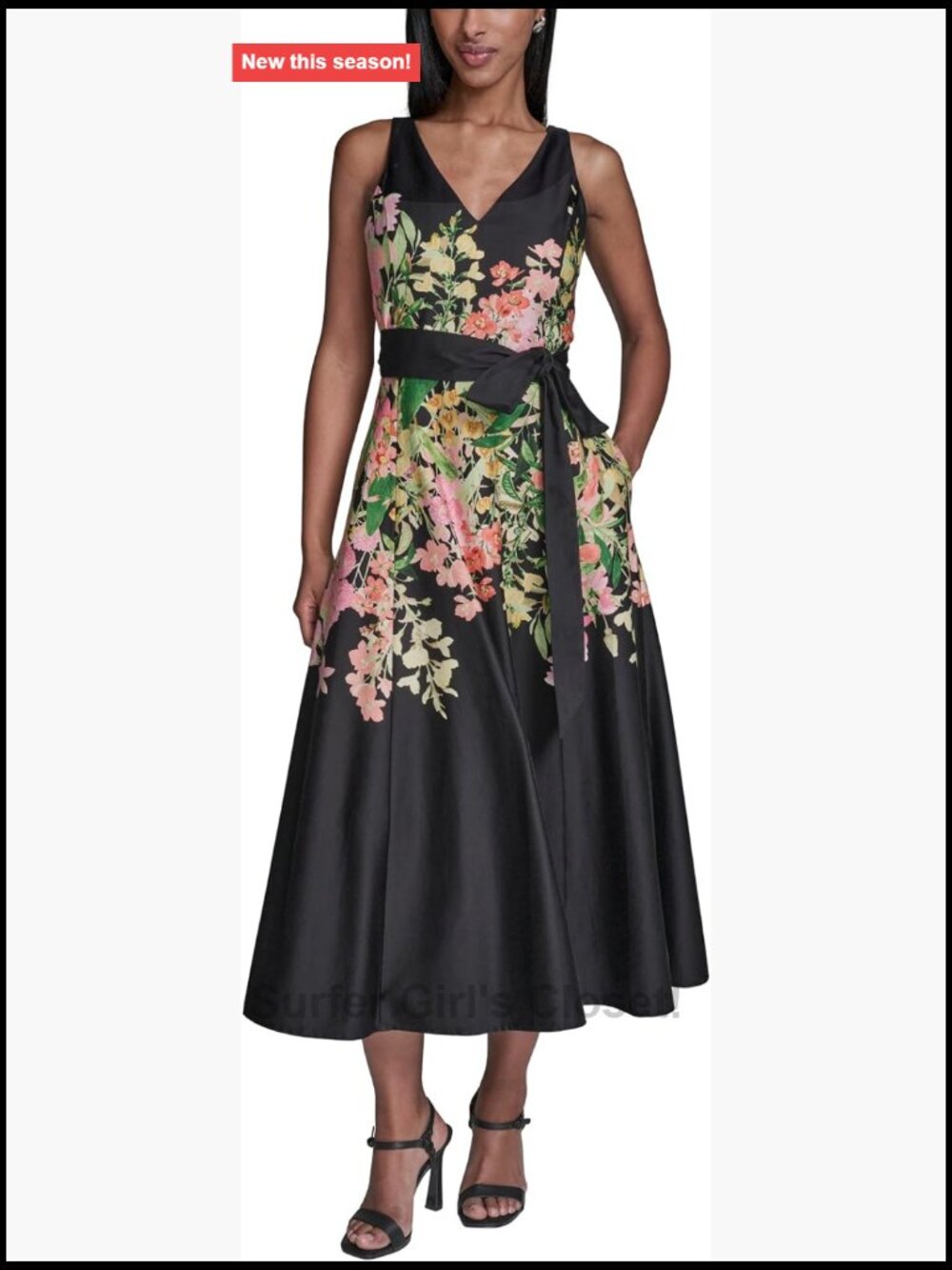 Sleeveless V-Neck Cotton Sateen Midi Floral Dress - Picture 1 of 5